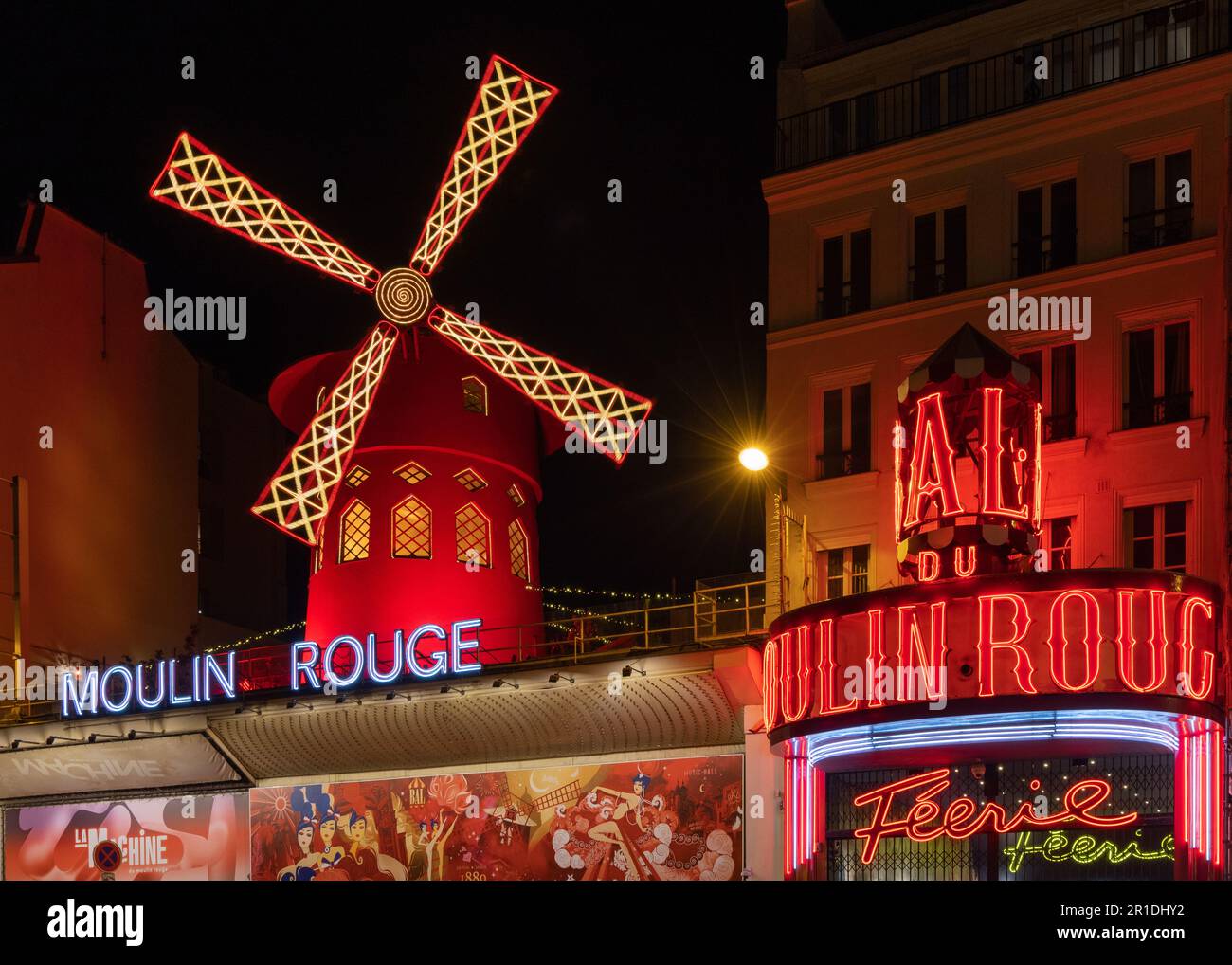 Moulin Rouge Paris France. Burlesque show windmill and building in ...