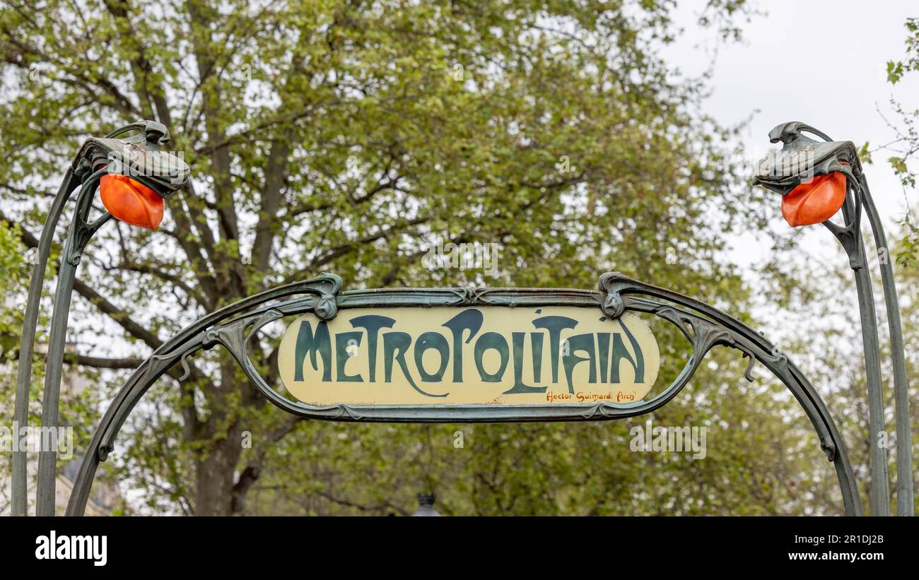Paris, France, Metro station entrance at Abbesses station near Montmartre. Vintage subway entrance designed by Hector Guimard Stock Photo