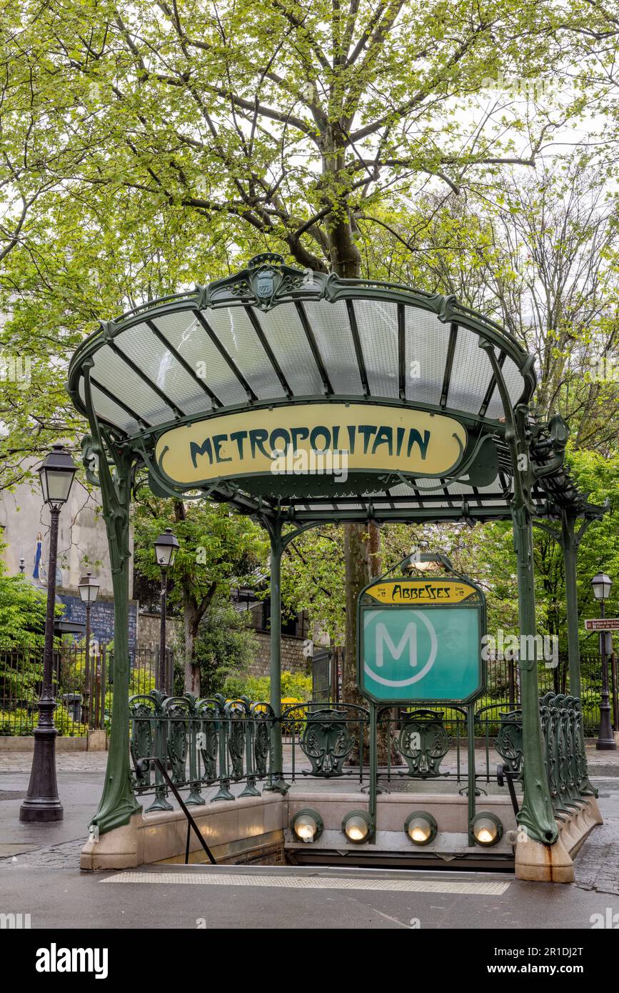 Paris, France, Metro station entrance at Abbesses station near Montmartre. Vintage subway entrance designed by Hector Guimard Stock Photo