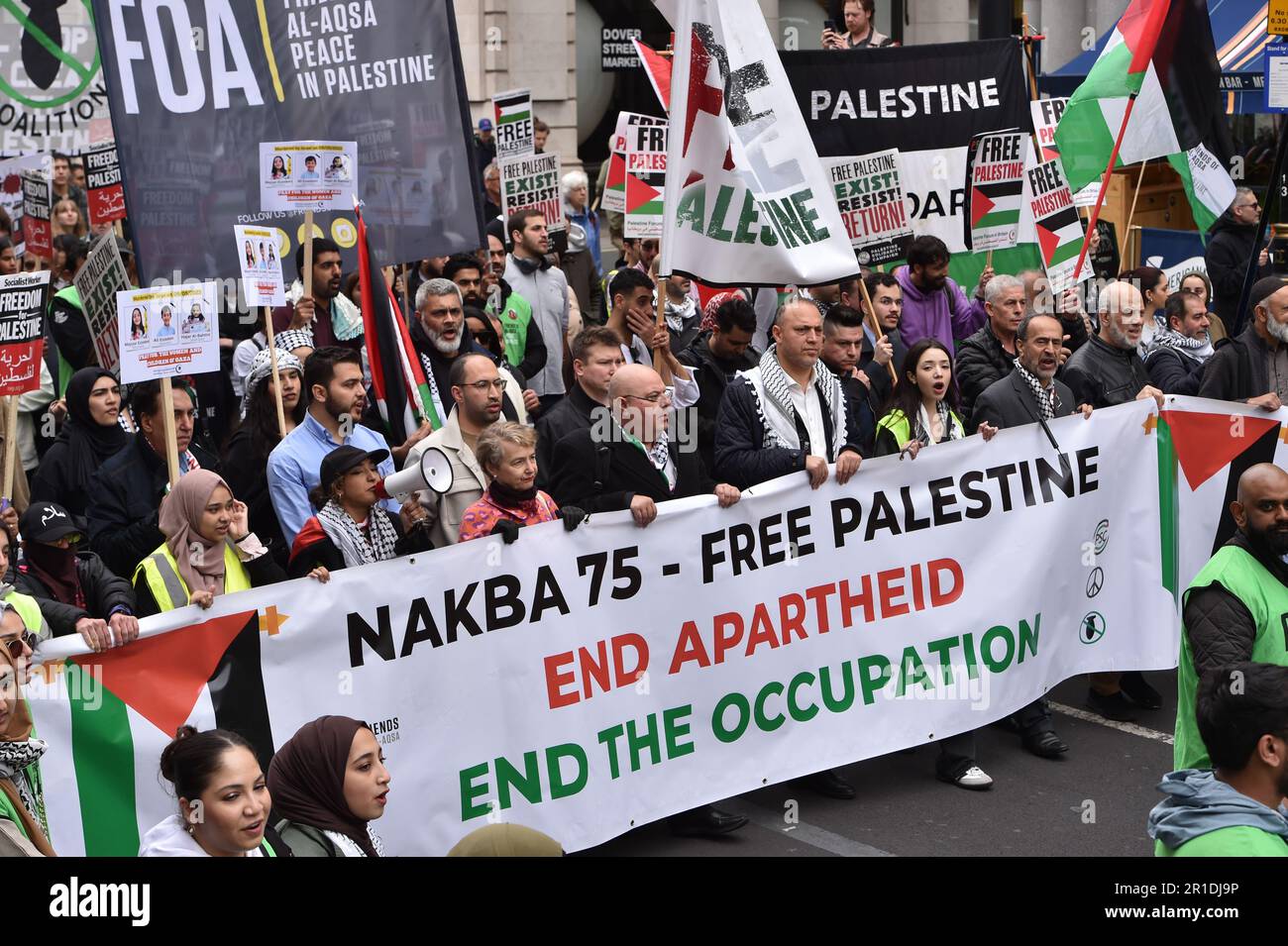 London, England, UK. 13th May, 2023. Demonstrators hold a banner at the rally in central London. Palestinians commemorate the 75th anniversary of Nakba Day, also known as the Palestinian Catastrophe, which involved the destruction of Palestinian society in 1948, as well as the continuing displacement of many Palestinian people from their homeland. (Credit Image: © Thomas Krych/ZUMA Press Wire) EDITORIAL USAGE ONLY! Not for Commercial USAGE! Stock Photo