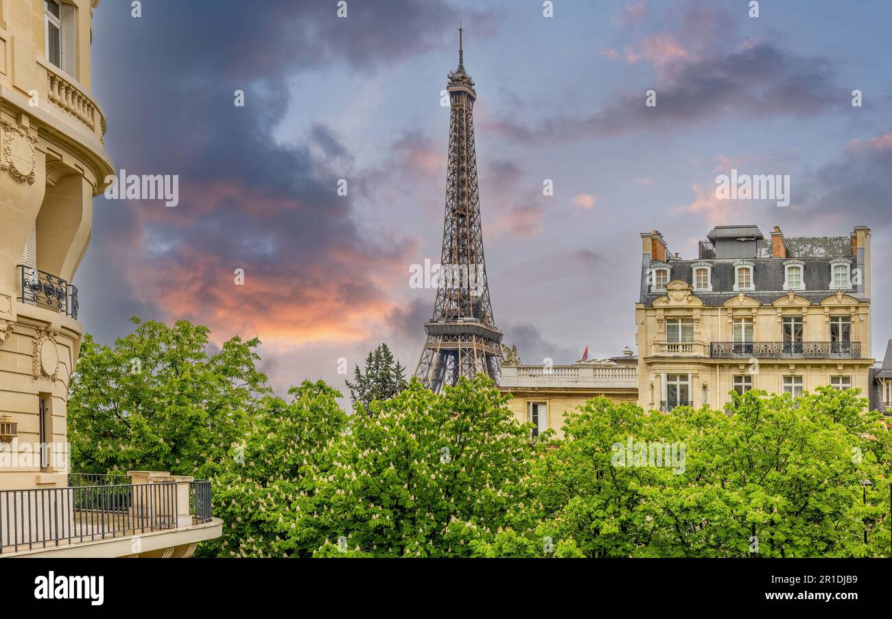 Paris and the Eiffel Tower viewed from central Paris. popular tourist destination. Stock Photo