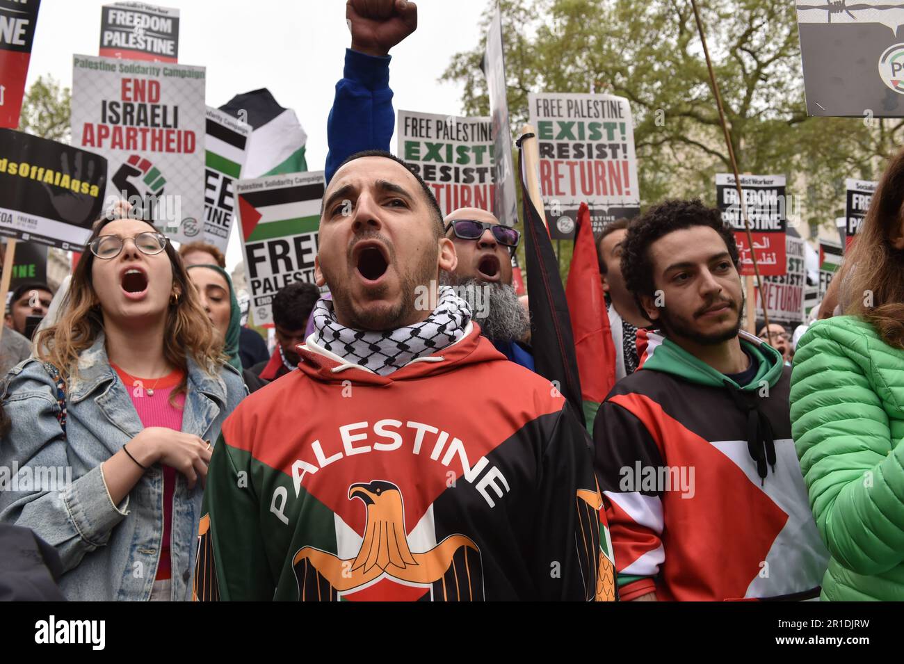 London, England, UK. 13th May, 2023. Demonstrators shout slogans during the rally in central London. Palestinians commemorate the 75th anniversary of Nakba Day, also known as the Palestinian Catastrophe, which involved the destruction of Palestinian society in 1948, as well as the continuing displacement of many Palestinian people from their homeland. (Credit Image: © Thomas Krych/ZUMA Press Wire) EDITORIAL USAGE ONLY! Not for Commercial USAGE! Stock Photo