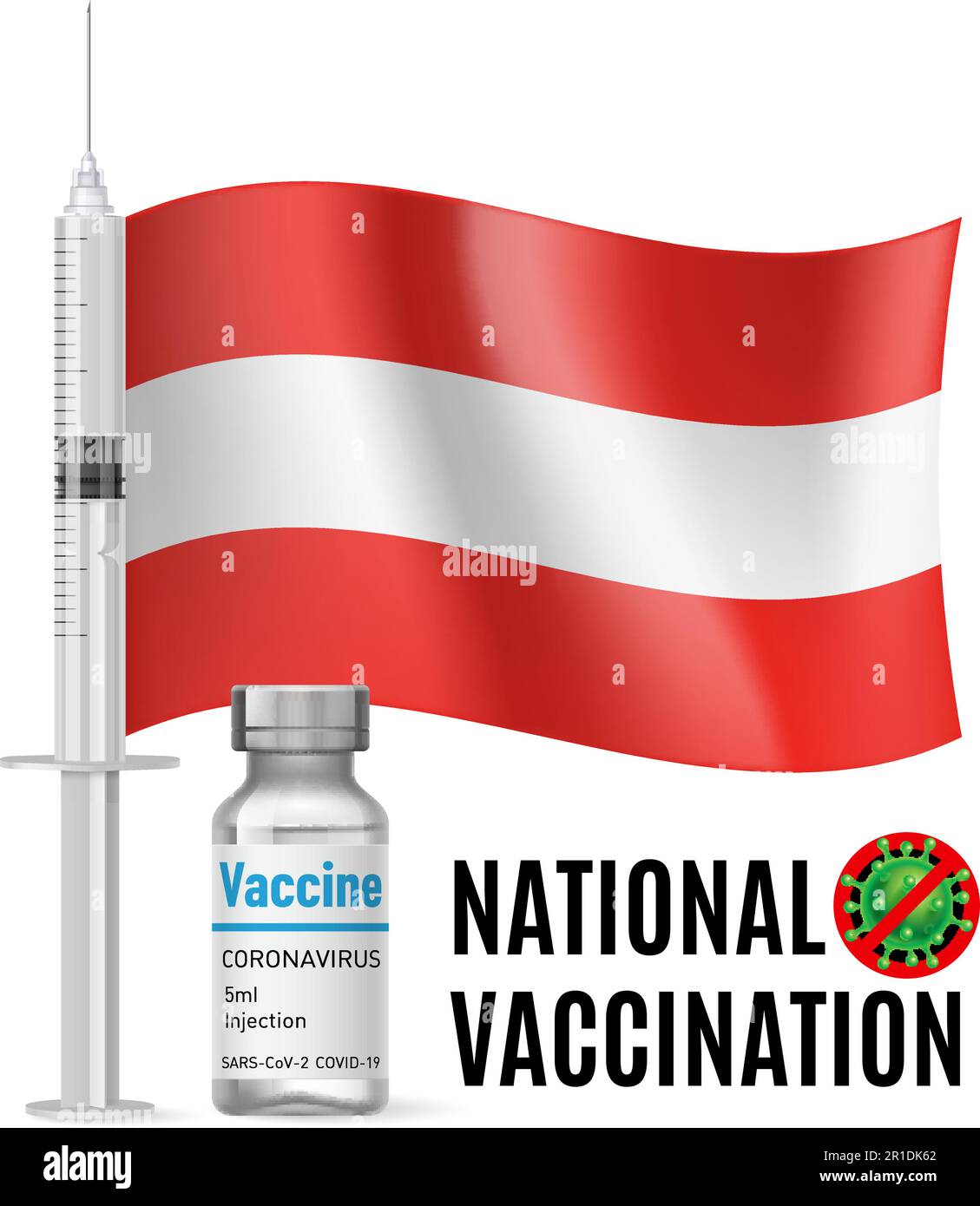 Flag of Austria with Vaccine Immunization Syringe and the Vial of Antibiotic for Vaccination. Concept of Health Care and National Vaccination with Aus Stock Vector