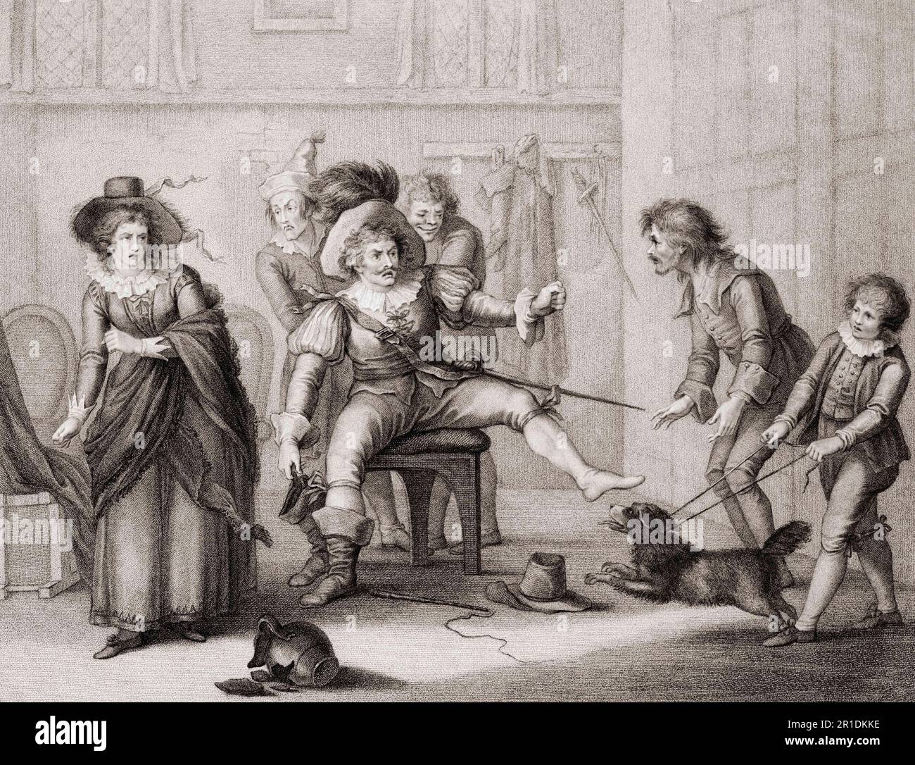 Ben Jonson (1572-1637) English dramatist. Scene from his play 'The  Alchemist' (1610), a satire on cupidity. Abel Drugger the tobacconist, the  main comic role, here played by English actor James William Dodd (