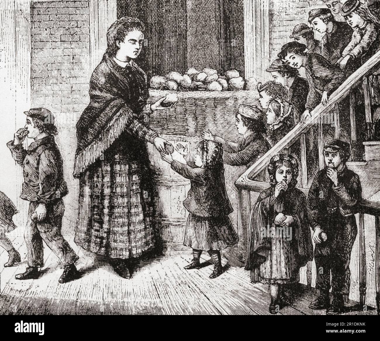 Distributing food at the Five Points Mission, Lower Manhattan, New York City.  The Five Points neighbourhood was a densely populated, disease-ridden, crime-infested slum for more than 70 years until the women of the Five Points Mission took action.  This Methodist charity group provided housing, clothes, food, and education as part of their endeavour.  From America Revisited: From The Bay of New York to The Gulf of Mexico, published 1886. Stock Photo
