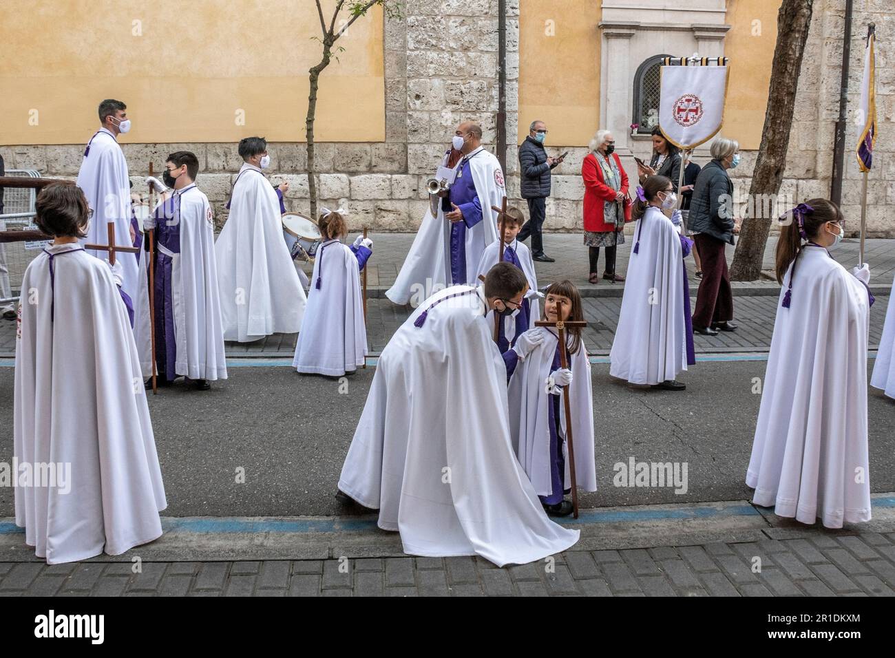 Members of the Cofradía del Santo Sepulcro y Santísimo Cristo del Consuelo prepare to start a procession during Semana Santa in Valladolid, Spain Stock Photo