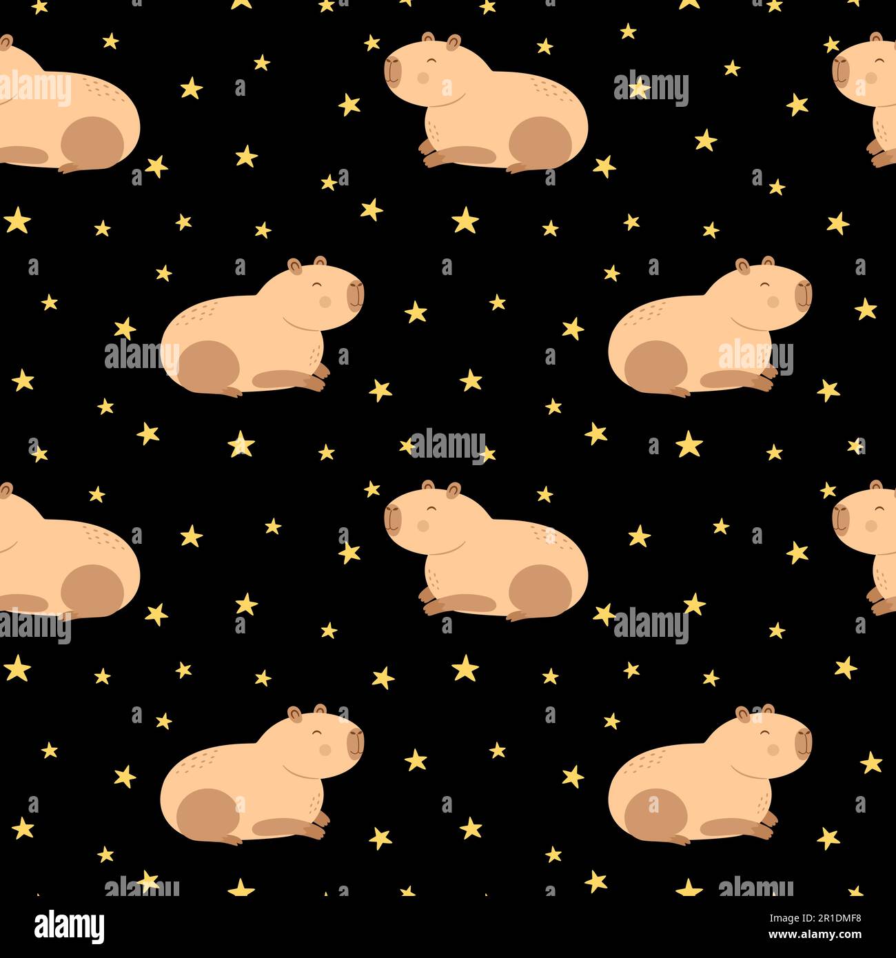 Funny smile capybara seamless pattern with yellow stars Stock Vector