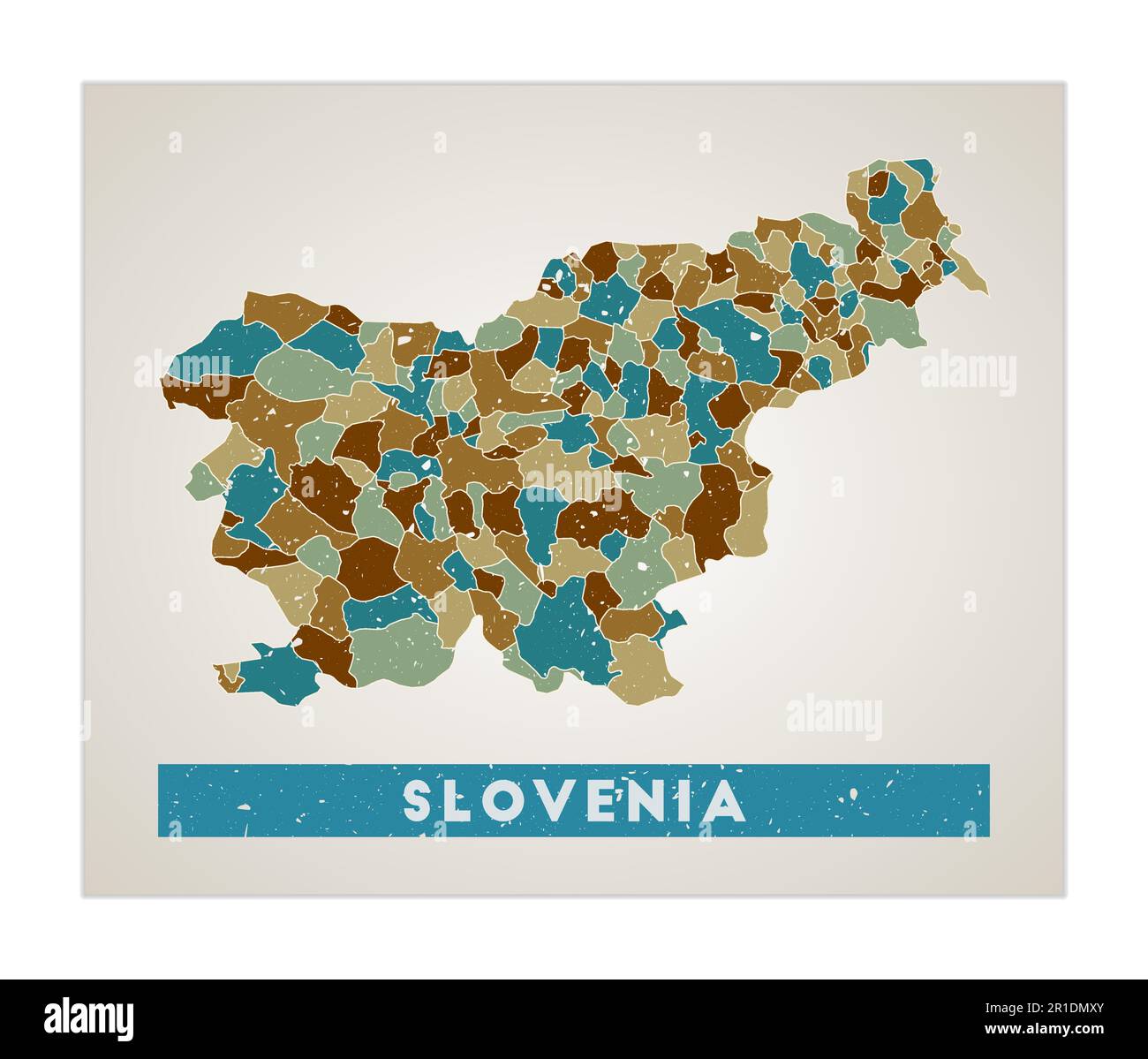 Slovenia map. Country poster with regions. Old grunge texture. Shape of Slovenia with country name. Radiant vector illustration. Stock Vector