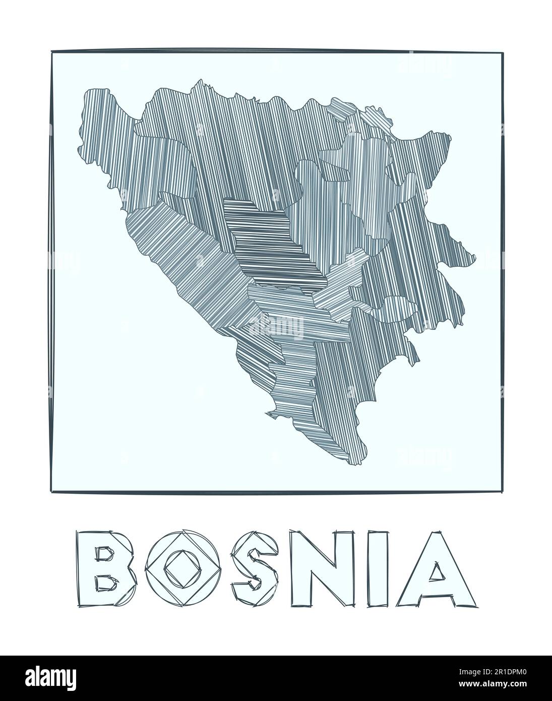 Sketch map of Bosnia. Grayscale hand-drawn map of the country. Filled regions with hachure stripes. Vector illustration. Stock Vector