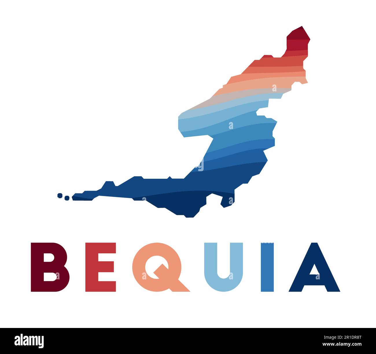 Bequia map. Map of the island with beautiful geometric waves in red blue colors. Vivid Bequia shape. Vector illustration. Stock Vector
