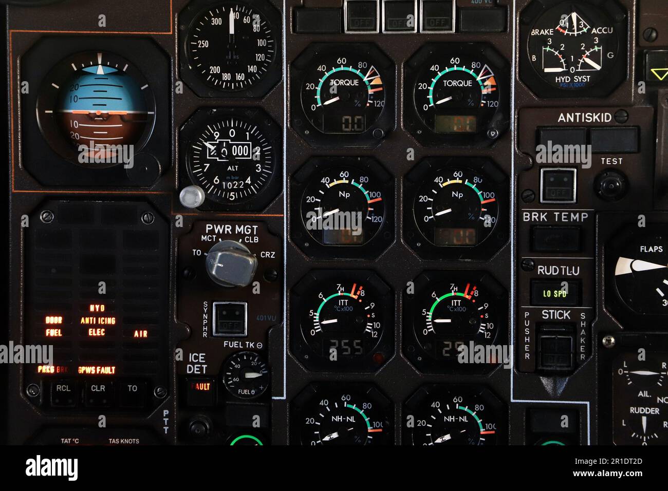 A closeup of a dashboard of an airplane Stock Photo