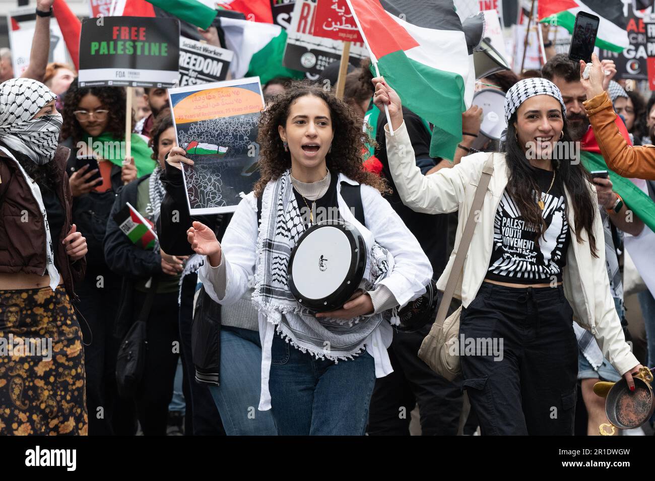 London, UK. 13 May, 2023. Solidarity march and rally for Palestine on the 75th anniversary of the Nakba, or 'Catastrophe', which saw the destruction of the Palestinian homeland and displacement of Palestinian Arabs. Supporters of the protest included Palestine Solidarity Campaign, Friends of Al Aqsa and Stop The War Coalition. Credit: Ron Fassbender/Alamy Live News Stock Photo