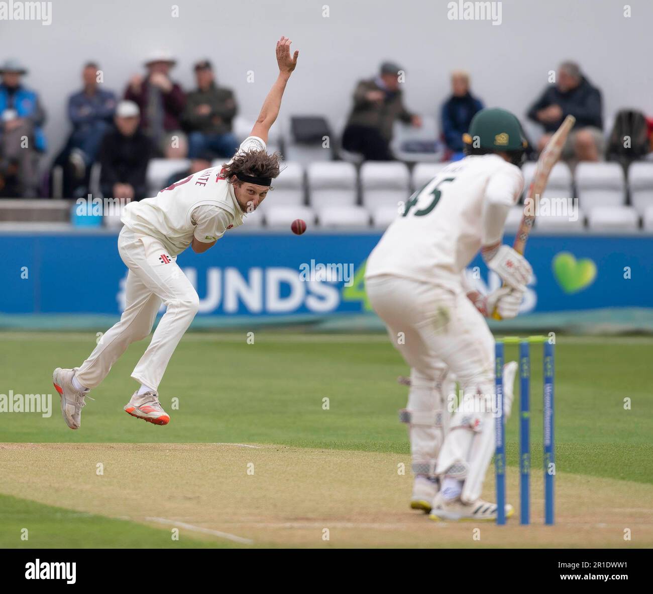 NORTHAMPTON, ENGLAND 13May 2023 Jack White of Northamptonshire bowls Day 3 of the LV