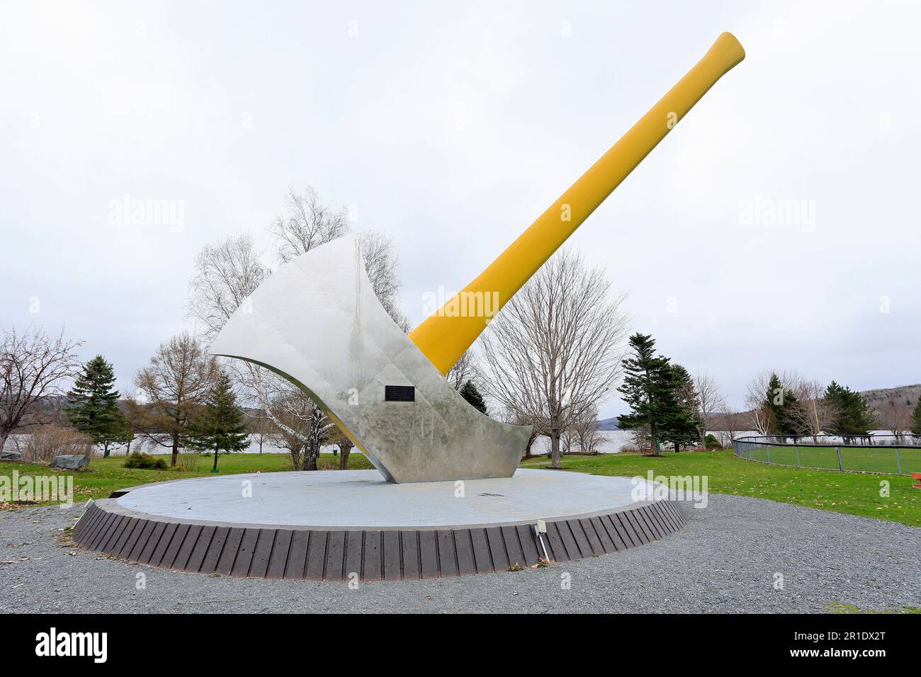 The world's largest axe is located in Nackawic, New Brunswick, Canada. The axe stands 15 metres tall and weighs over 55 tons. The axe-head is 7 metres Stock Photo