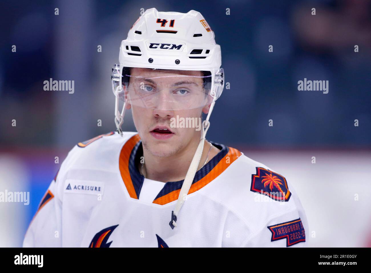 AHL (American Hockey League) profile photo on Coachella Valley Firebirds player Ryker Evans during a game against the Calgary Wranglers in Calgary, Alta., Thurs