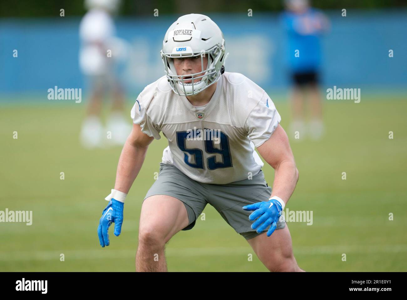 Detroit Lions linebacker Trevor Nowaske (59) breaks up a pass intended for  Carolina Panthers tight end Ian Thomas (80) during a preseason NFL football  game Friday, Aug. 25, 2023, in Charlotte, N.C. (