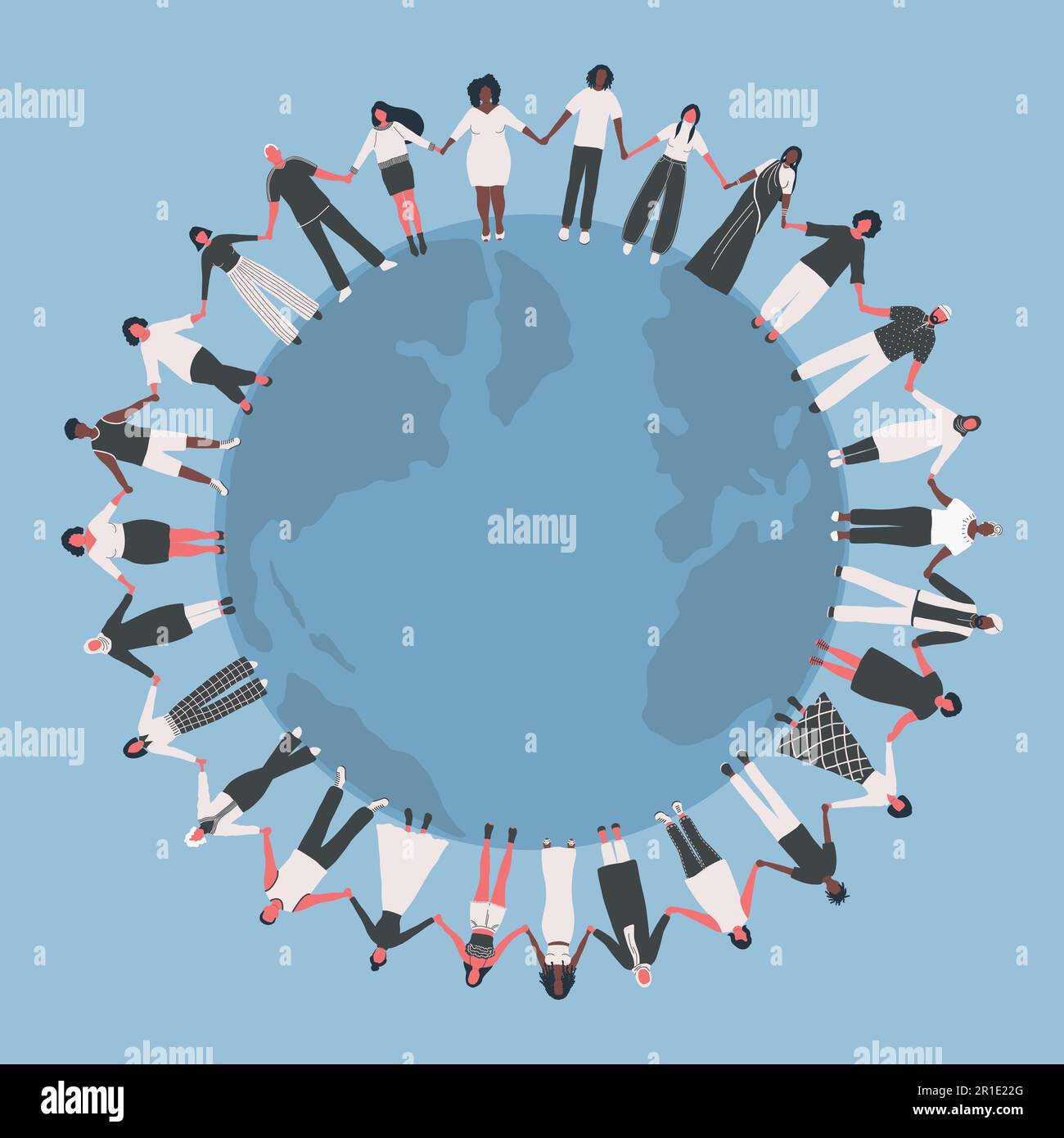 large group of people. Men and women are holding han'ds, stand around the world map. Multicultural group of people. Vector illustration Stock Vector