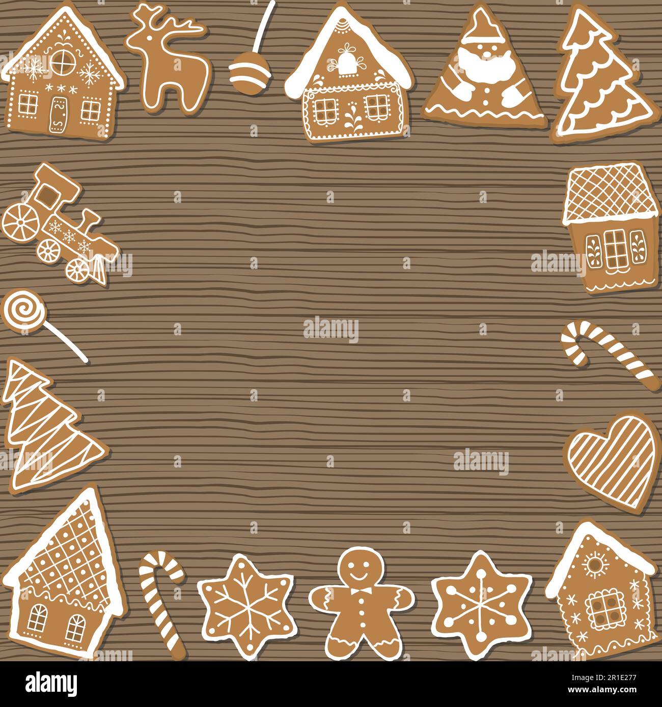 Christmas cookies on wooden background. Holiday background. Gingerbread houses, Santa Claus, deer, fir trees, gingerbread man, train, stars, heart. Ve Stock Vector