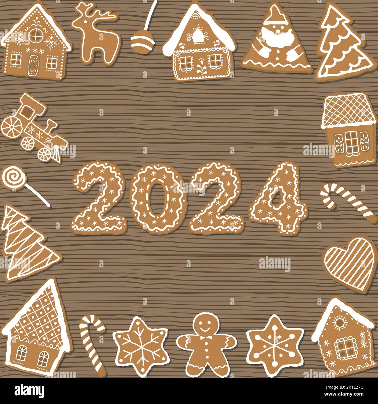 Christmas cookies on wooden background. Holiday background. Gingerbread houses, Santa Claus, deer, fir trees, gingerbread man, train, stars, heart and Stock Vector