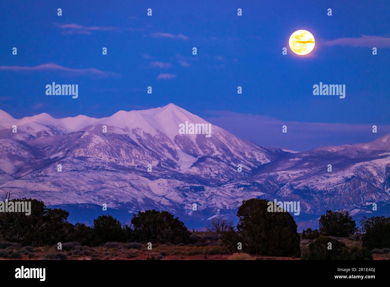 Full moon rise over La Sal Mountains; Canyonlands National Park; viewed