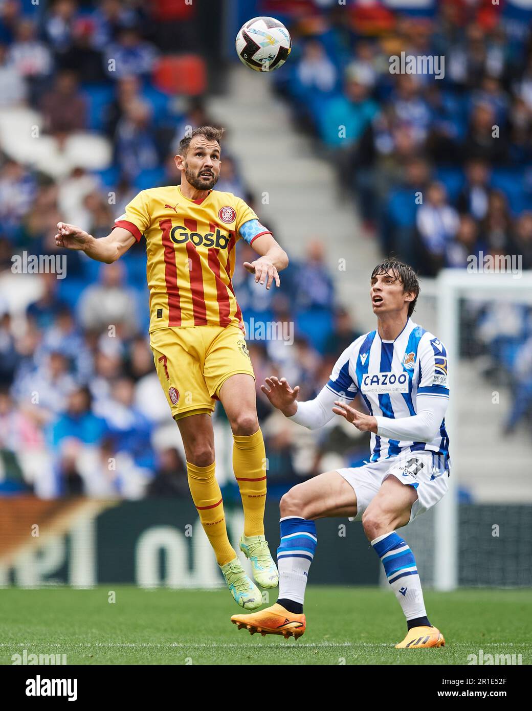 Cristhian Stuani of Girona FC in action during the La Liga Santander match between Real Sociedad and Girona FC at Reale Arena Stadium on May 13, 2023, Stock Photo