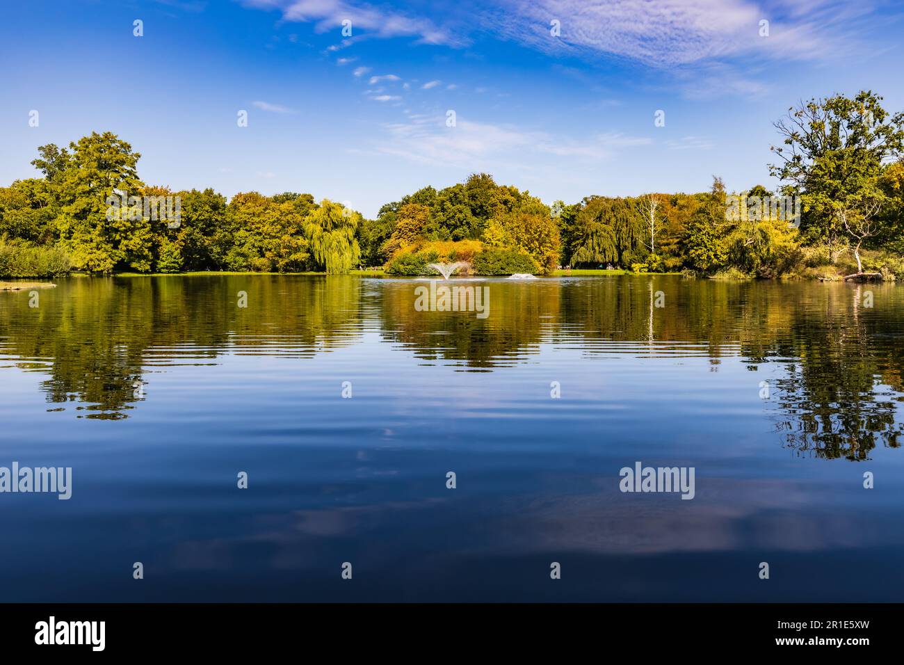 Beautiful sunny panorama of big lake with small fountains at center and  green trees and bushes around in city South park Stock Photo - Alamy