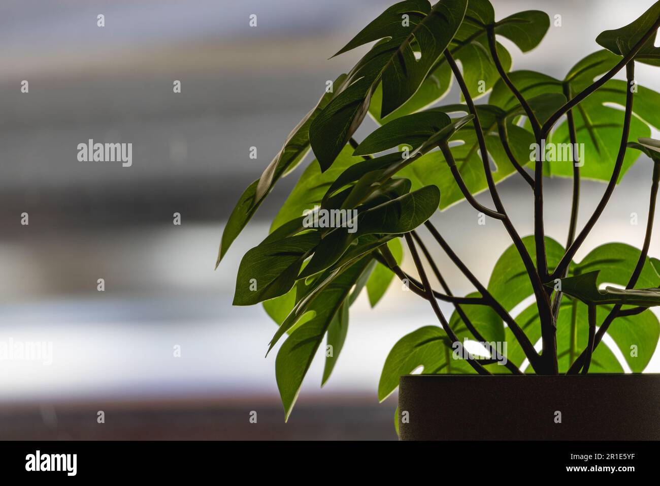 Green artificial flower with a lot of plastic leaves in gray concrete