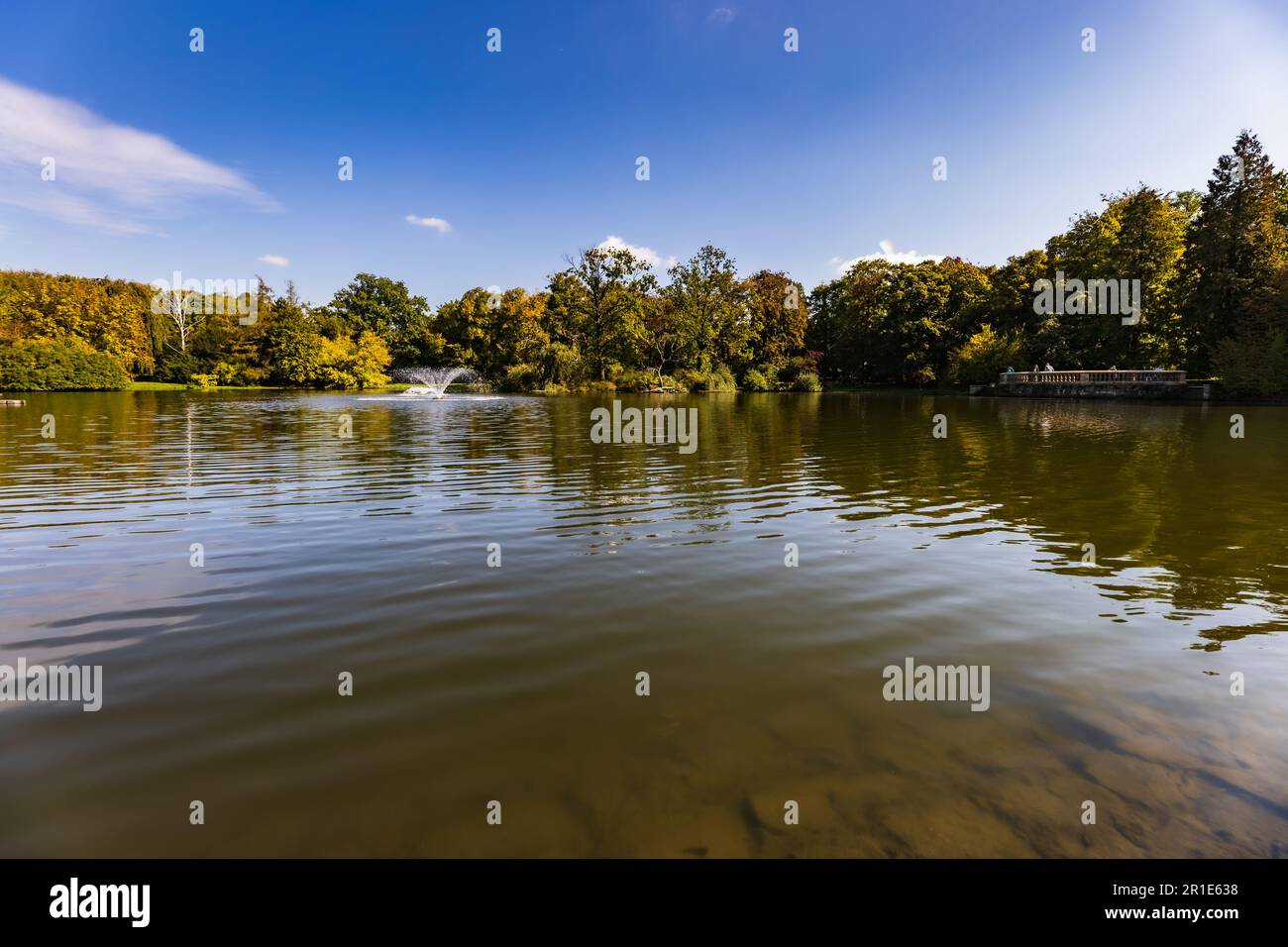 Beautiful sunny panorama of big lake with small fountains at center and  green trees and bushes around in city South park Stock Photo - Alamy