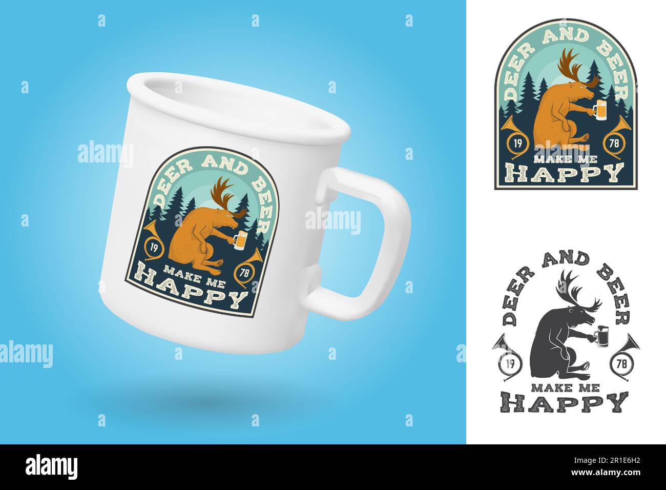 White camping cup. Realistic mug mockup template with sample design