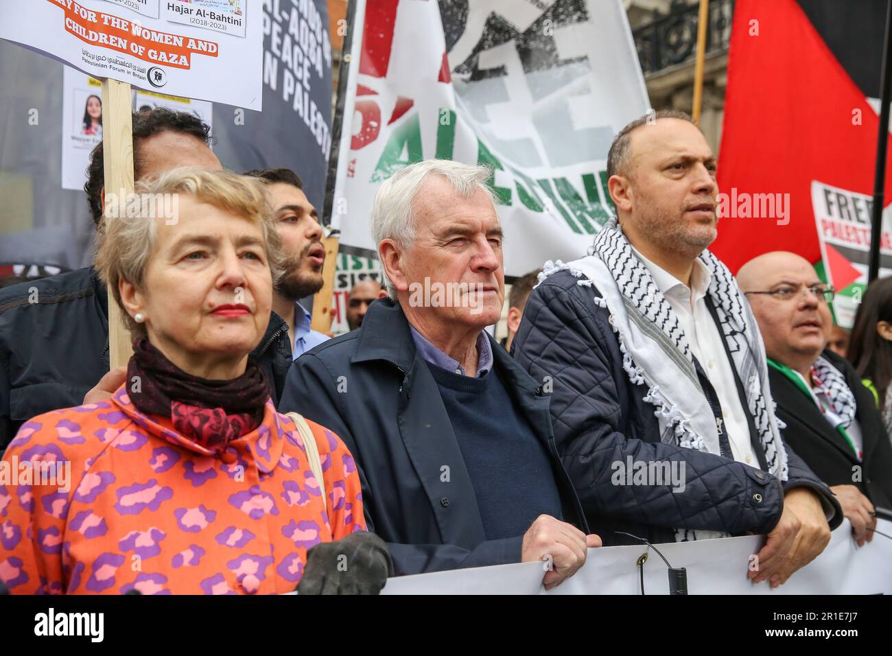 London, UK. 13th May, 2023. John McDonnell, former Shadow Chancellor of the Exchequer joins hundreds of Palestinians and supporters march and rally in central London to commemorate the 75th anniversary of the Nakba day, also known as the Palestinian Catastrophe. Nakba was the process of, what they consider to be, 'ethnic cleansing, colonisation and dispossession which saw over 750,000 Palestinians driven into exile. (Photo by Steve Taylor/SOPA Images/Sipa USA) Credit: Sipa USA/Alamy Live News Stock Photo