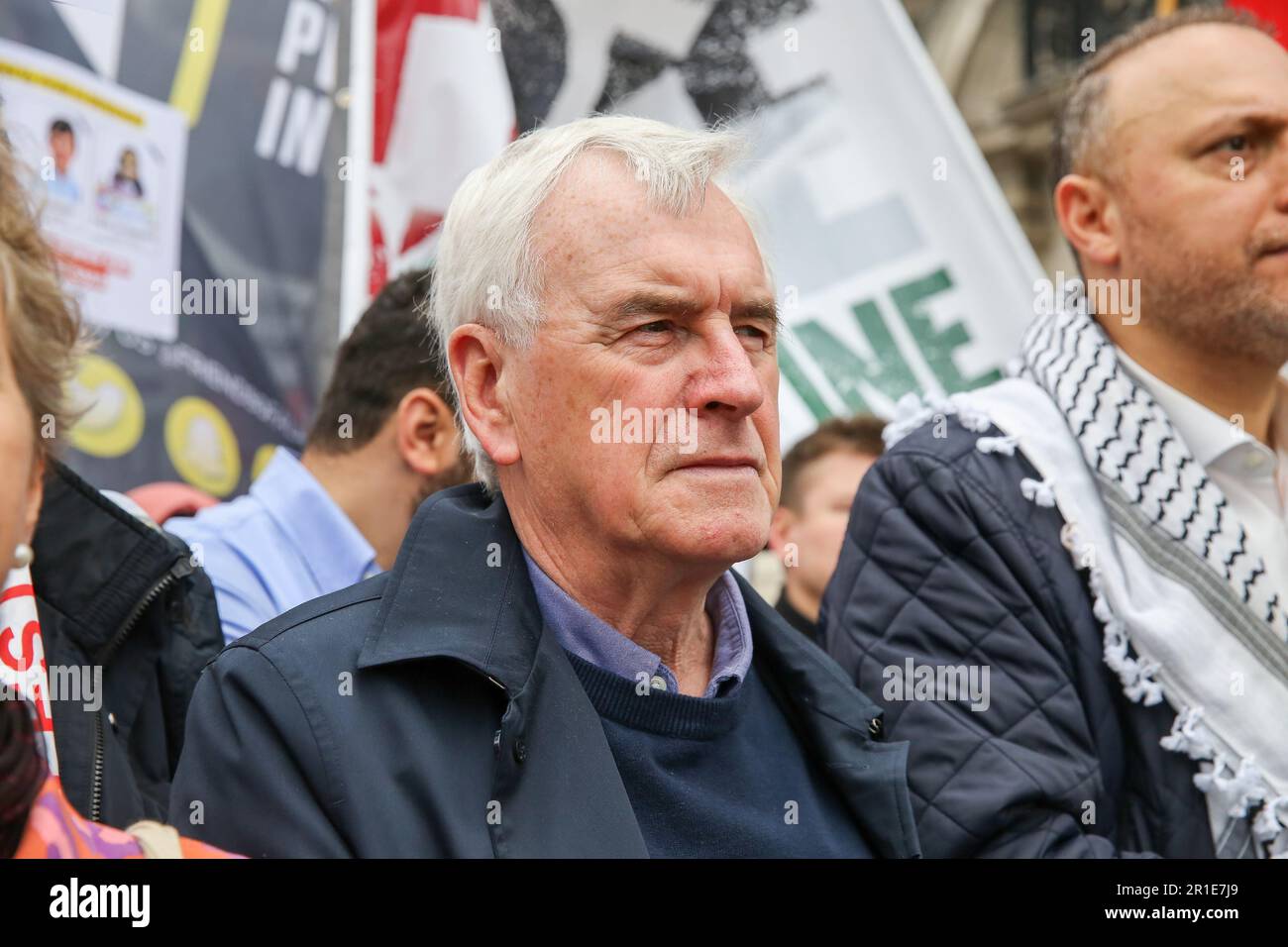 London, UK. 13th May, 2023. John McDonnell, former Shadow Chancellor of the Exchequer joins hundreds of Palestinians and supporters march and rally in central London to commemorate the 75th anniversary of the Nakba day, also known as the Palestinian Catastrophe. Nakba was the process of, what they consider to be, 'ethnic cleansing, colonisation and dispossession which saw over 750,000 Palestinians driven into exile. (Photo by Steve Taylor/SOPA Images/Sipa USA) Credit: Sipa USA/Alamy Live News Stock Photo