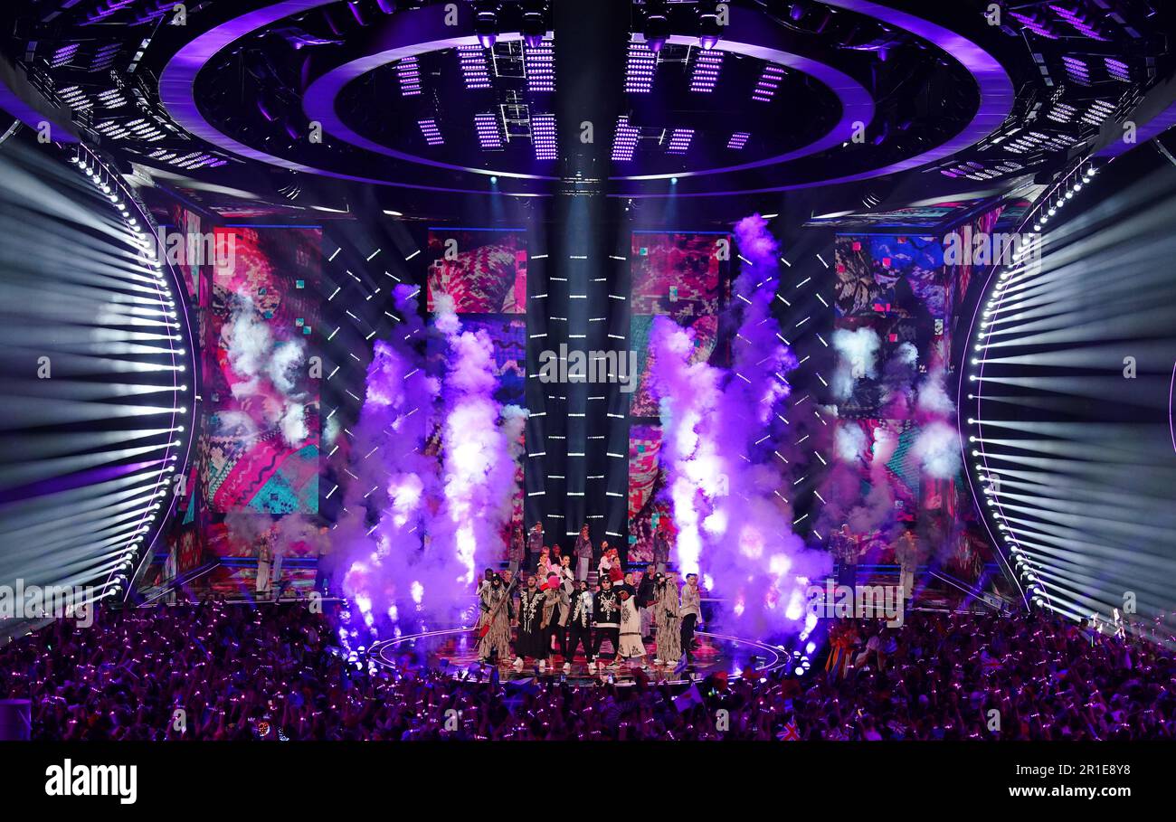 Kalush Orchestra, the 2022 contest winners, perform for the opening of the grand final of the Eurovision Song Contest final at the M&S Bank Arena in Liverpool. Picture date: Saturday May 13, 2023. Stock Photo
