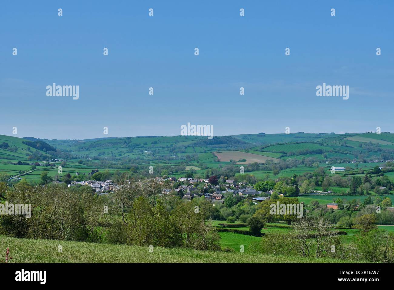 Clun nestling in the Clun Valley, Clun, Shropshire Stock Photo