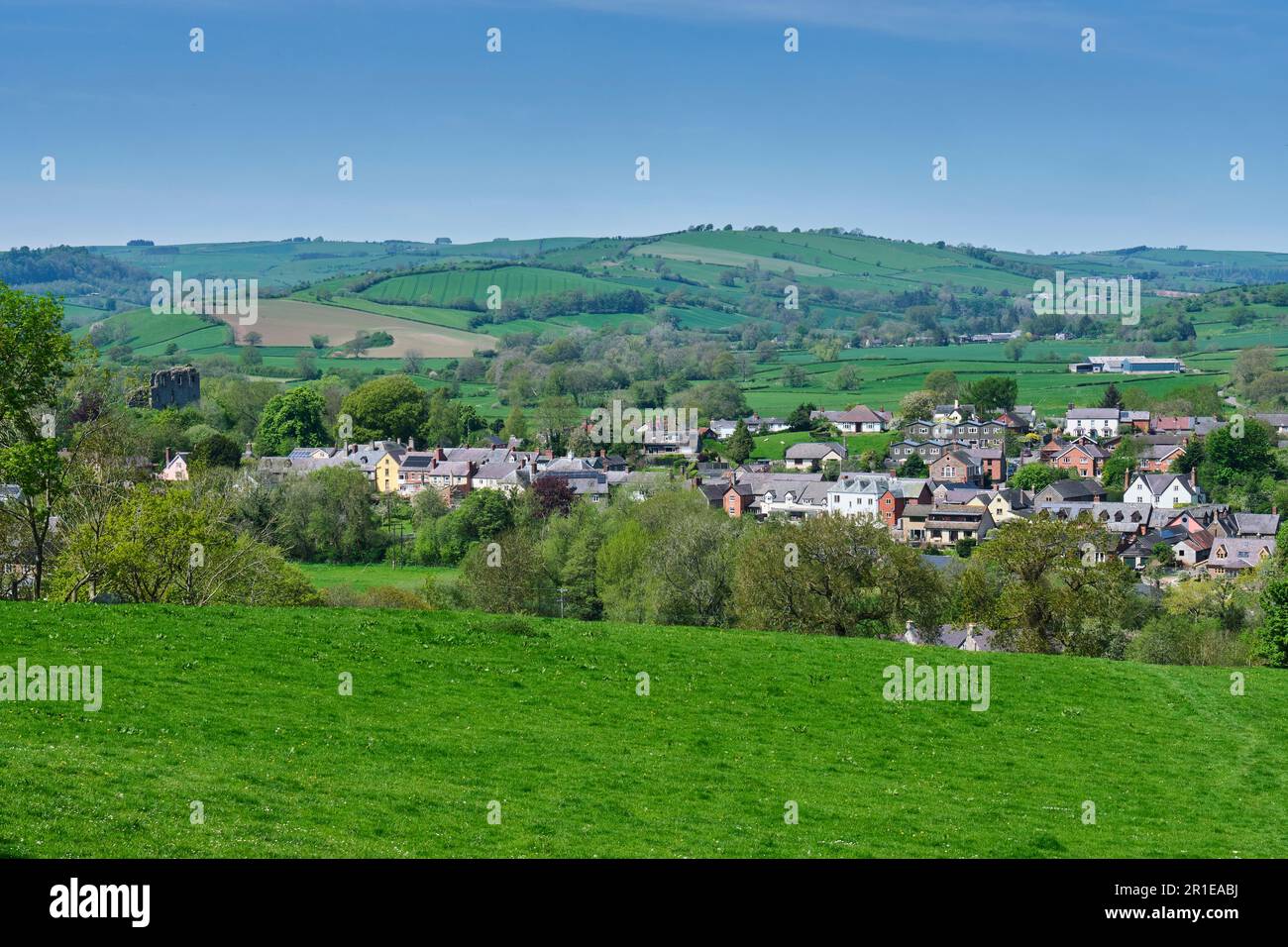 Clun nestling in the Clun Valley, Clun, Shropshire Stock Photo