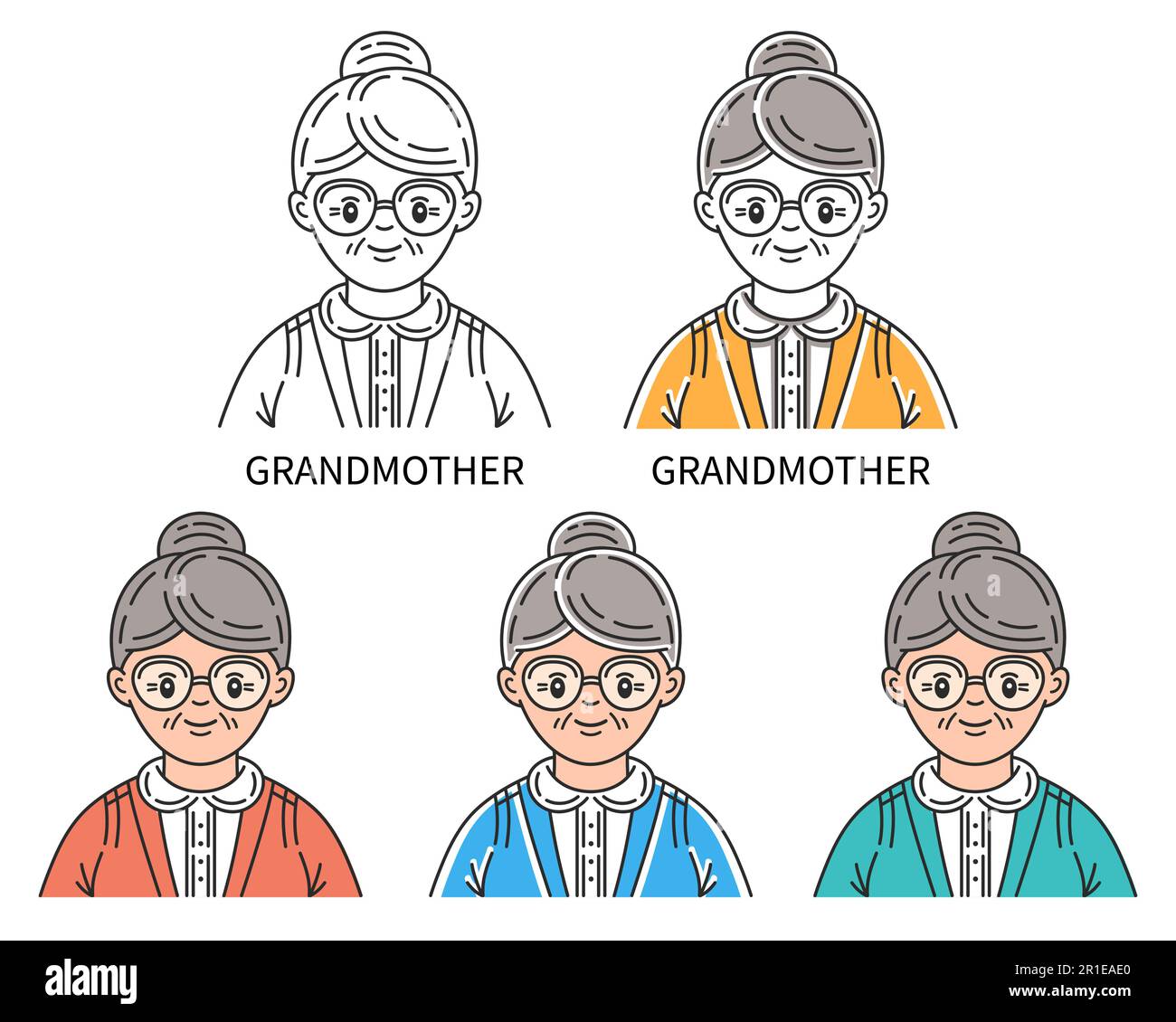 Grandmother elderly woman in glasses, old lady face portrait, senior retired aged person icon set. Granny pensioner head avatar. Older people. Vector Stock Vector