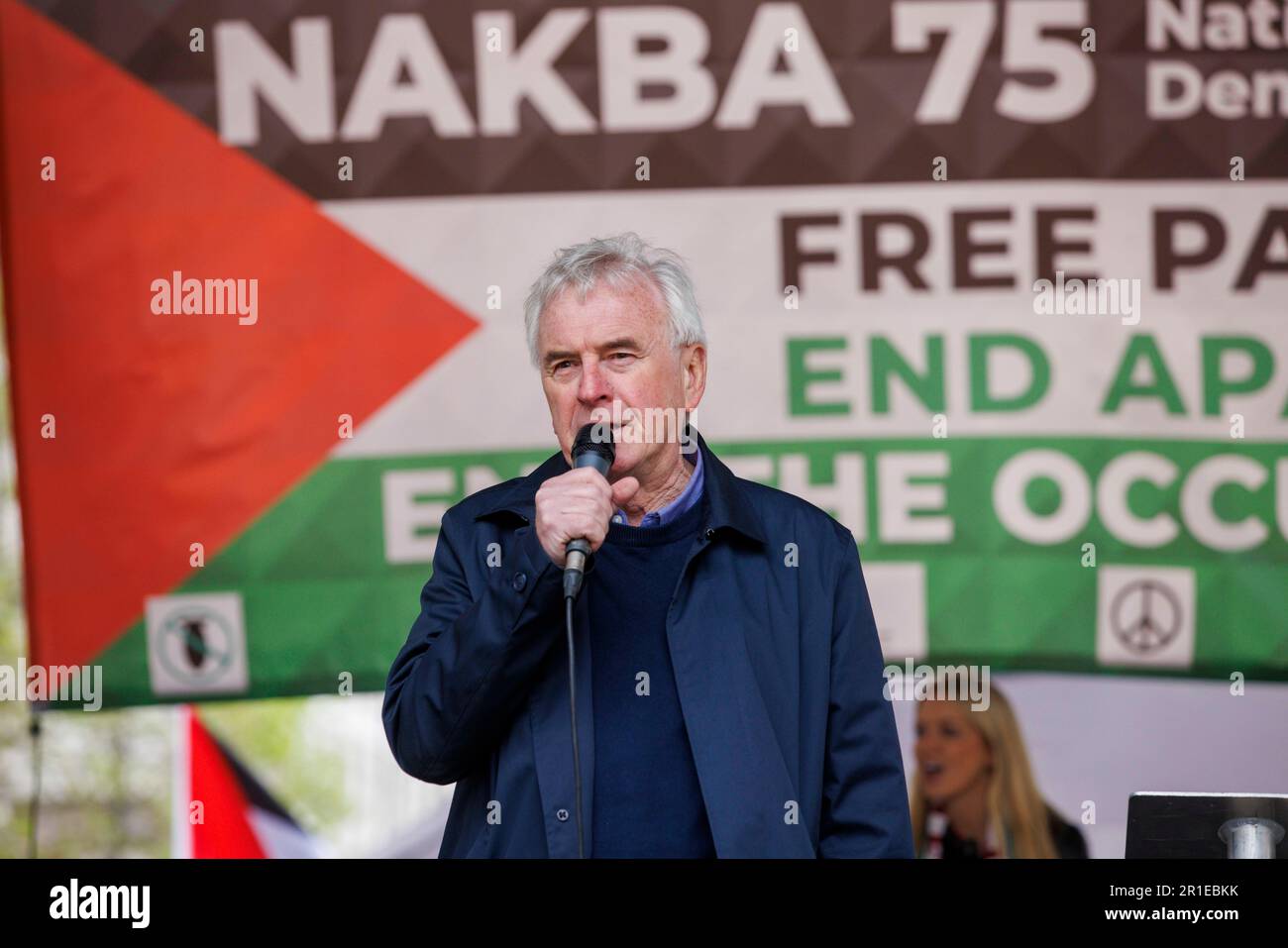 London, UK. 13th May, 2023. MP John McDonnell Free Palestine, End Apartheid, End the occupation demonstration in Central London. Demonstration commemorating the 75th anniversary of the Nakba, the process of ethnic cleansing, colonisation and dispossession that saw over 750,000 Palestinians driven into exile and more than 500 towns and villages wiped from the map. Credit: Karl Black/Alamy Live News Stock Photo