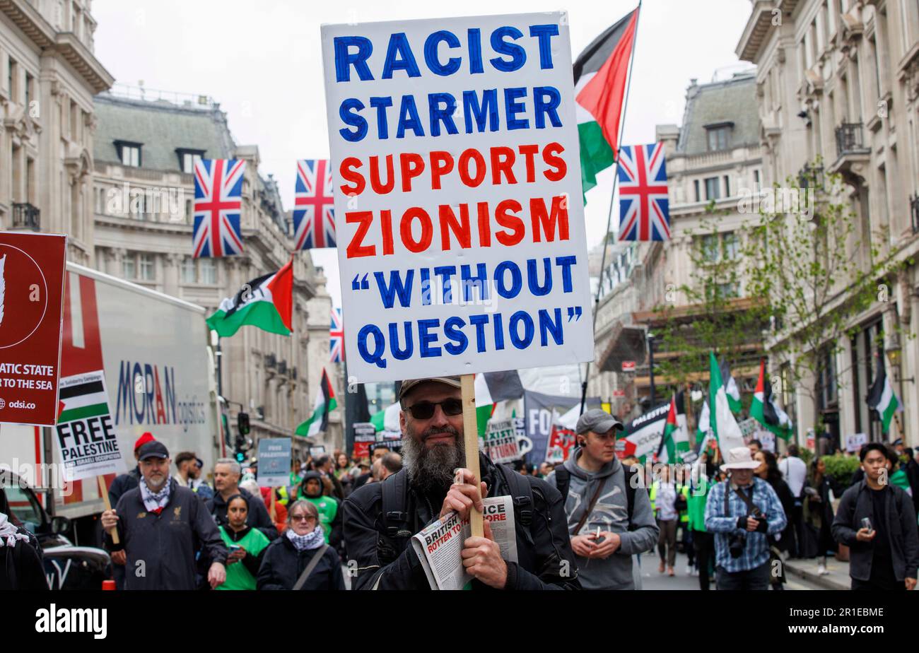 London, UK. 13th May, 2023. Free Palestine, End Apartheid, End the occupation demonstration in Central London. Demonstration commemorating the 75th anniversary of the Nakba, the process of ethnic cleansing, colonisation and dispossession that saw over 750,000 Palestinians driven into exile and more than 500 towns and villages wiped from the map. Credit: Karl Black/Alamy Live News Stock Photo