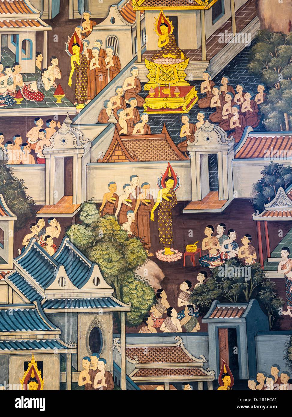 A wall painting in the Wat Pho temple in Bangkok, Thailand, with details of a ceremony. Stock Photo