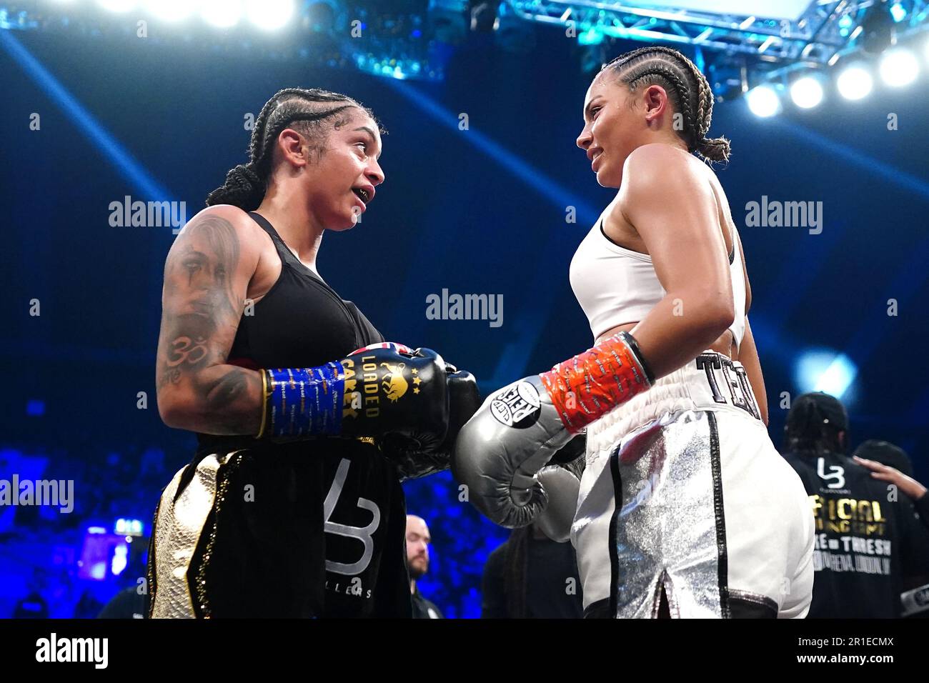 Paigey Cakey (left) and Tenessee Thresh after the Super-Bantamweight bout at the OVO Arena Wembley, London. Picture date: Saturday May 13, 2023. Stock Photo