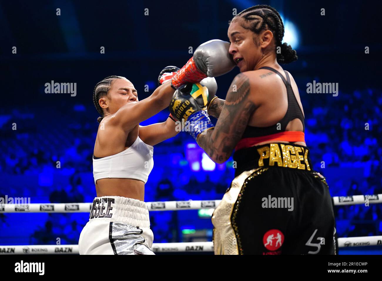 Tenessee Thresh strikes Paigey Cakey in the Super-Bantamweight bout at the OVO Arena Wembley, London. Picture date: Saturday May 13, 2023. Stock Photo