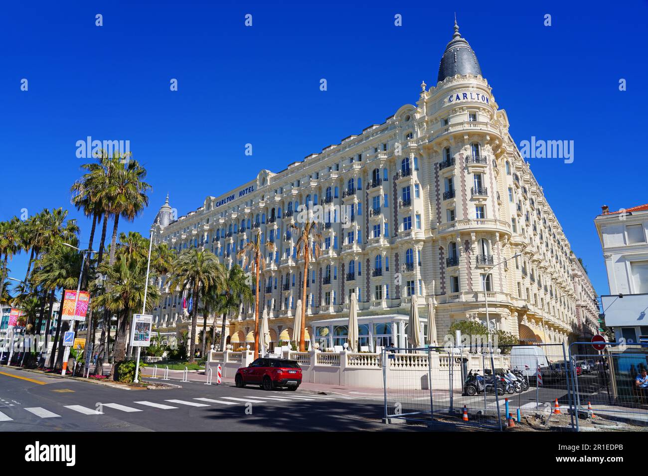 CANNES, FRANCE -16 APR 2023- View of the Carlton Hotel, a historic luxury hotel located on the Croisette Boulevard, where movie stars stay during the Stock Photo