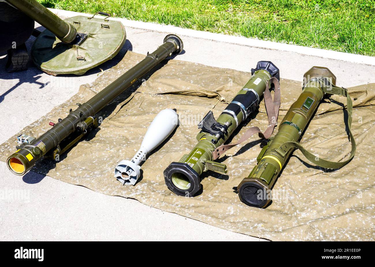 Samara, Russia - May 13, 2023: Various anti-tank grenade launchers. Disposable anti-tank rocket launchers. Military protective weaponry Stock Photo