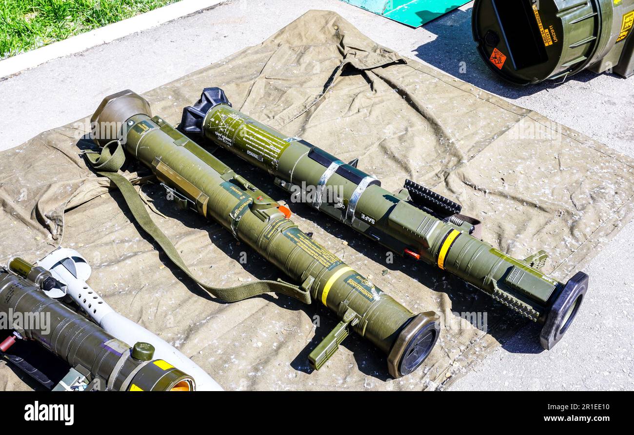 Samara, Russia - May 13, 2023: Various anti-tank grenade launchers. Disposable anti-tank rocket launchers. Military protective weaponry Stock Photo