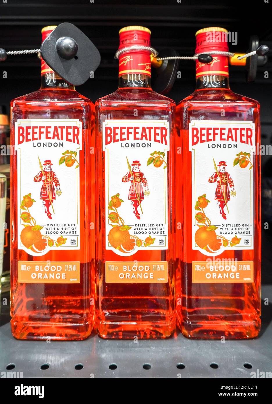 Samara, Russia - May 13, 2023: Beefeater Gin in a glass bottles on the shelf at a liqour store. Strong alcoholic beverages. Selective focus Stock Photo
