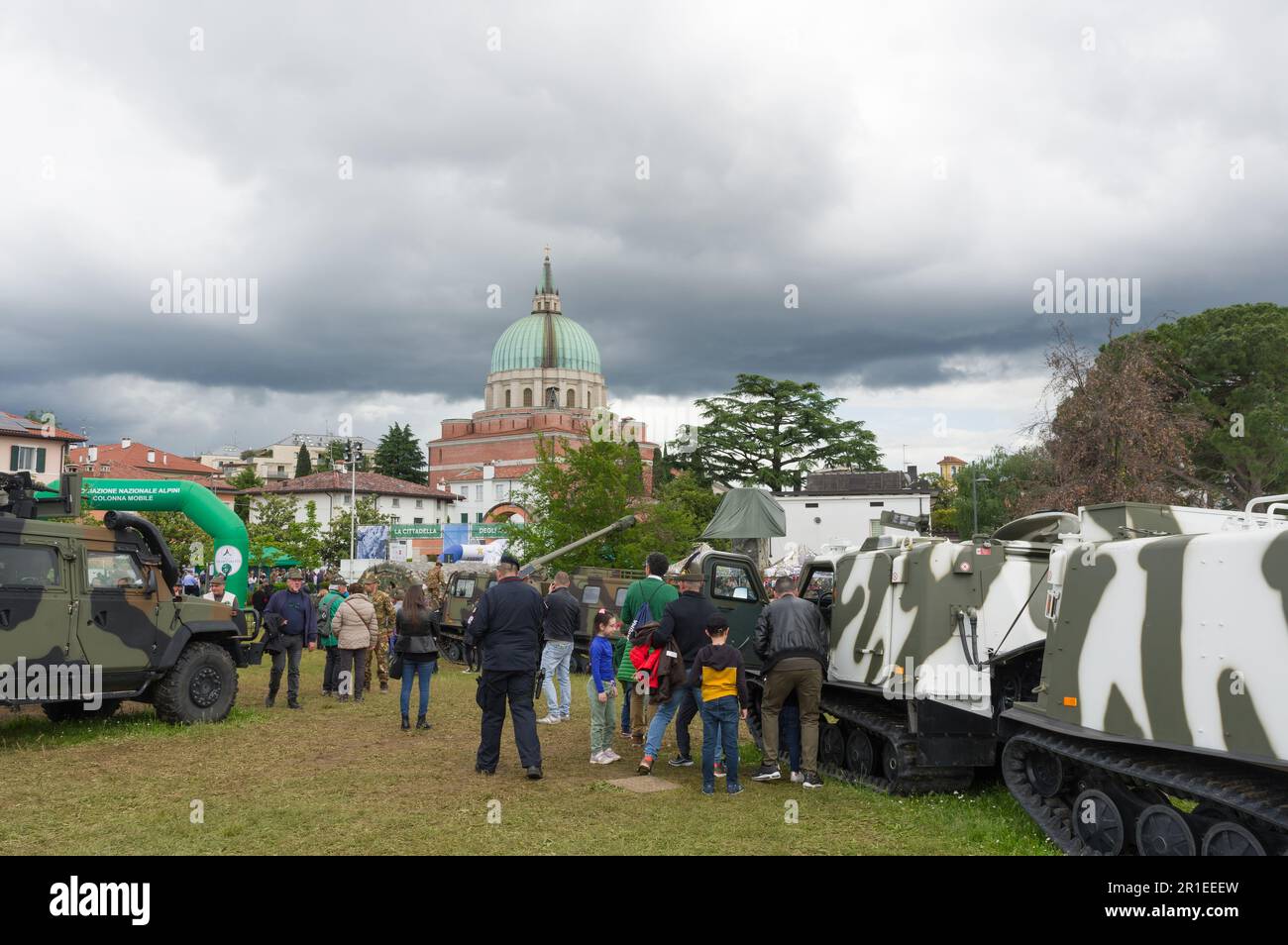 Udine, Italy (13th May 2023) - Parco Moretti with military vehicles and some of the participants to the annual meeting of Alpini troops Stock Photo