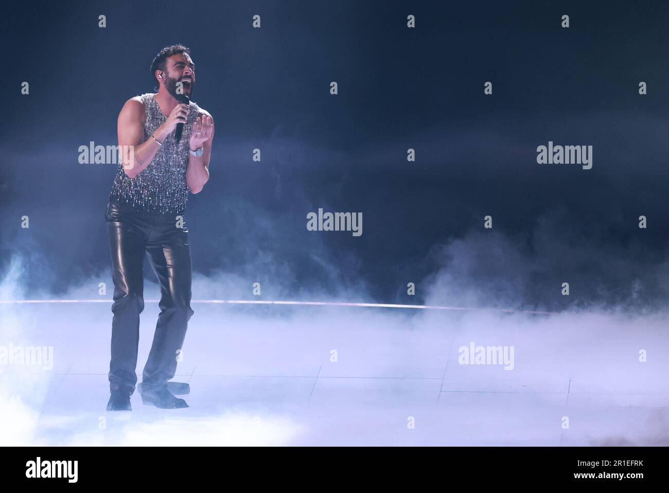 Liverpool, UK. 13th May, 2023. Marco Mengoni, representing Italy, perform on stage during the Eurovision 2023 Finals at Liverpool Arena in Liverpool, England on May 13, 2023. Photo: Sanjin Strukic/PIXSELL Credit: Pixsell/Alamy Live News Stock Photo