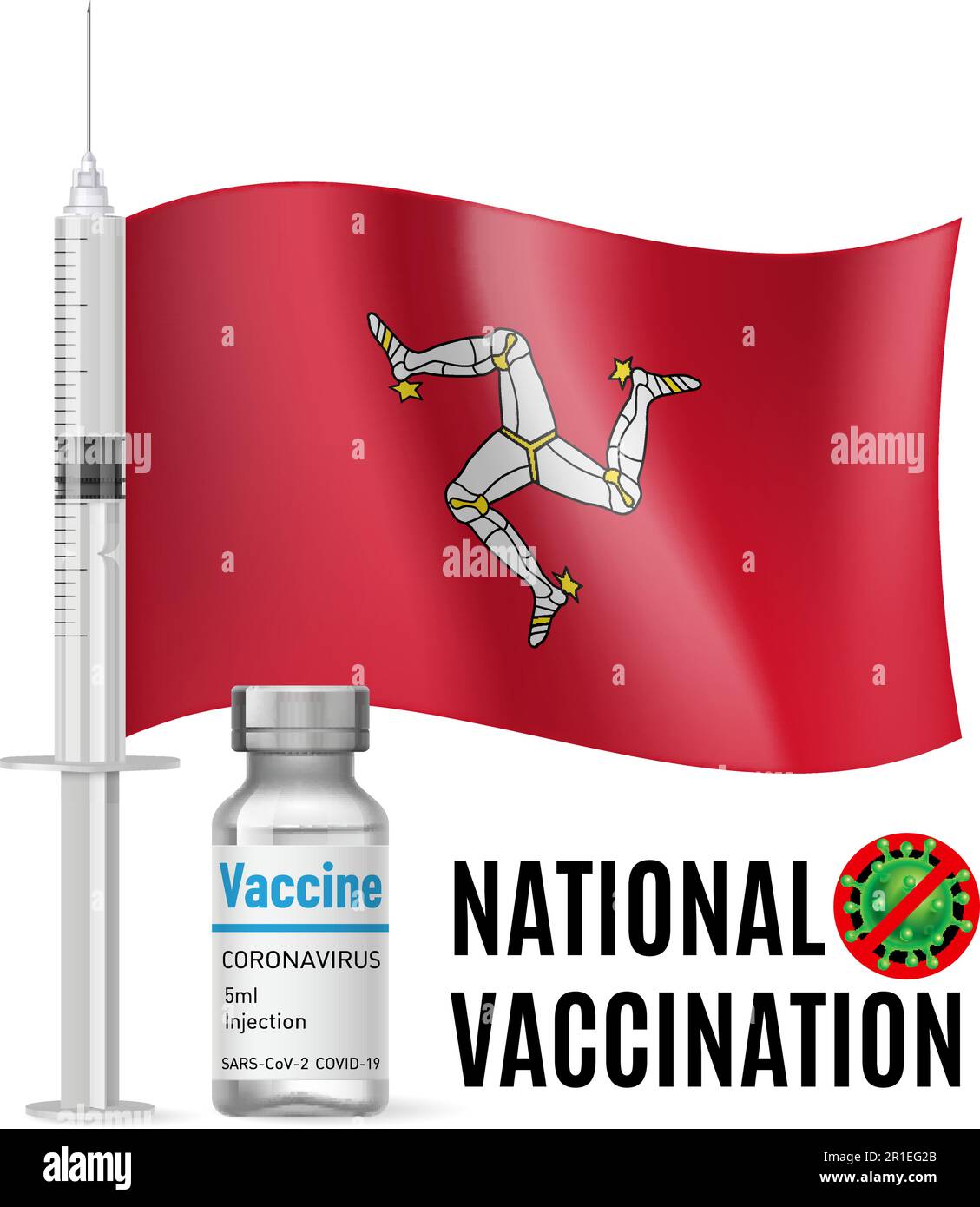 Flag of Isle of Man with Vaccine Immunization Syringe and the Vial of Antibiotic for Vaccination. Concept of Health Care and National Vaccination with Stock Vector