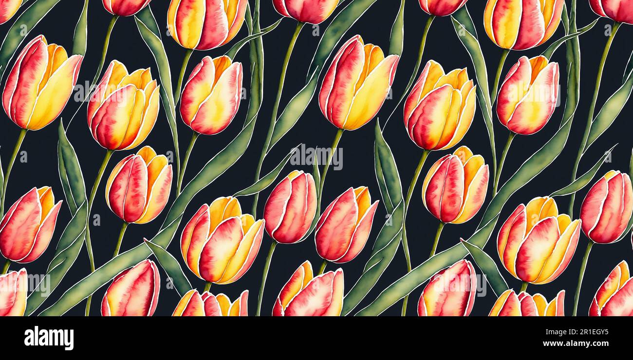 Tulip watercolor illustration red yellow tulips flower seamless pattern Stock Photo