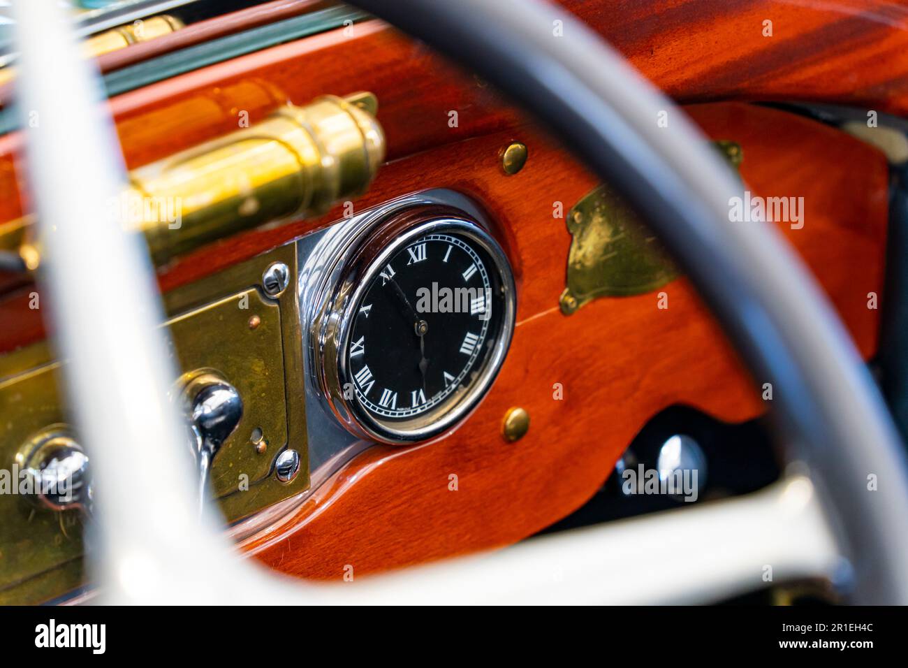 Oldtimer, car, woodcovered, dashboard, clock Stock Photo Alamy