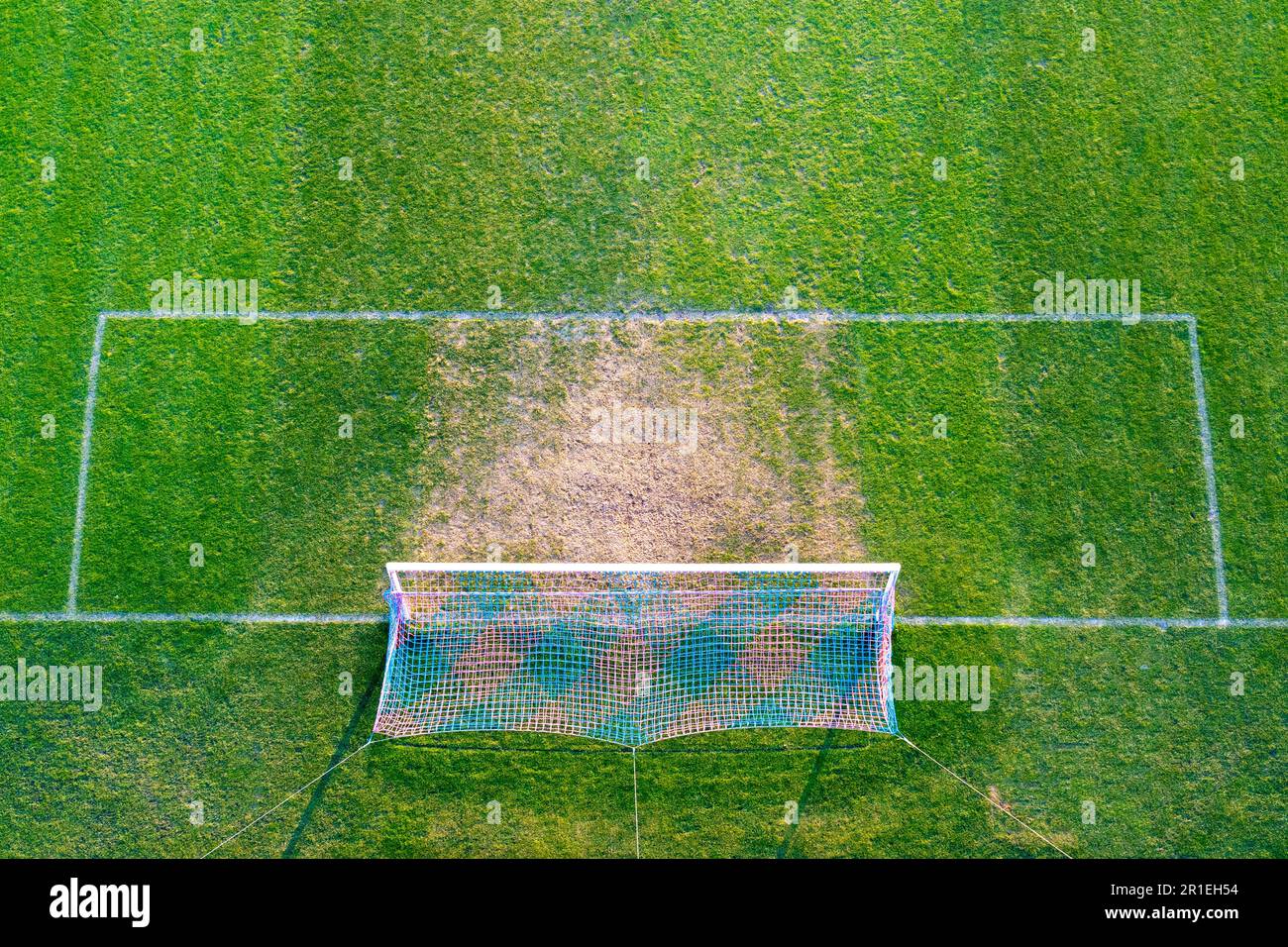 Soccer field with goal and penalty area from above Stock Photo Alamy